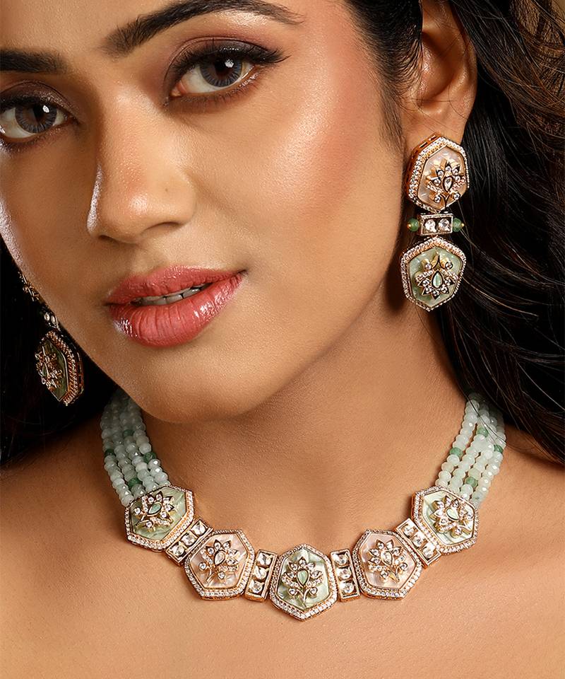 Mint green blush pink meenakari necklace set