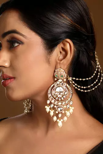Gold plated kundan chandbali earrings with earchains