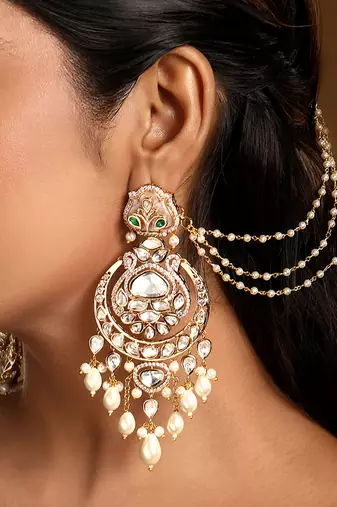 Gold plated kundan chandbali earrings with earchains