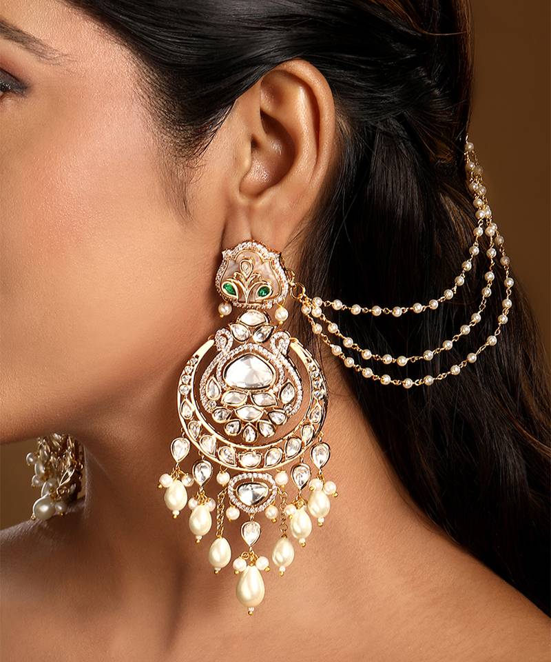 Gold plated kundan chandbali earrings with earchains