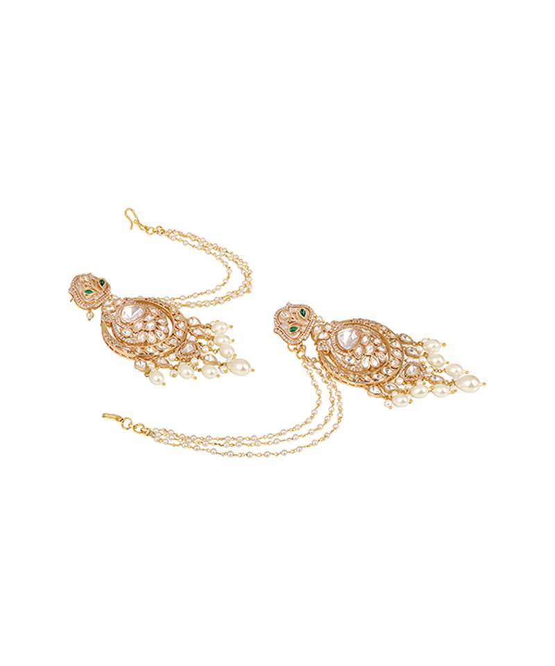 Gold plated kundan chandbali earrings with earchains