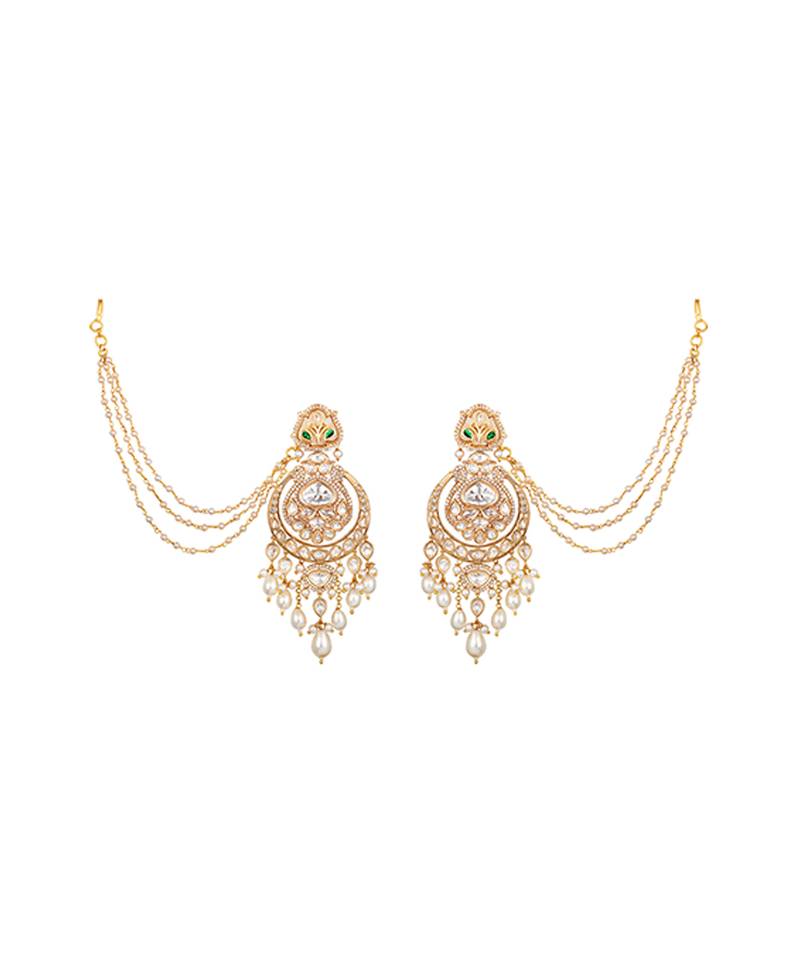 Gold plated kundan chandbali earrings with earchains