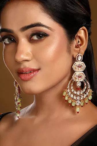 Multicolor stones meenakari chandbali earrings with earchains