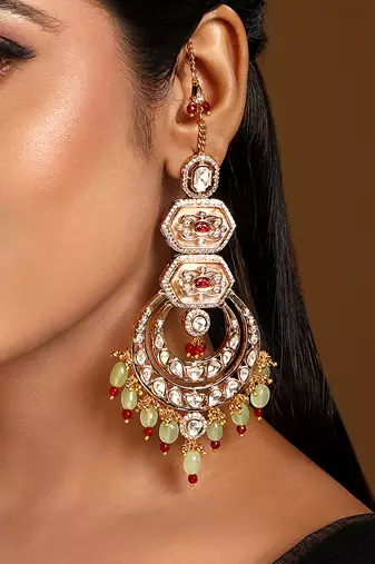 Multicolor stones meenakari chandbali earrings with earchains