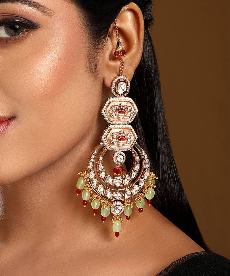 Multicolor stones meenakari chandbali earrings with earchains