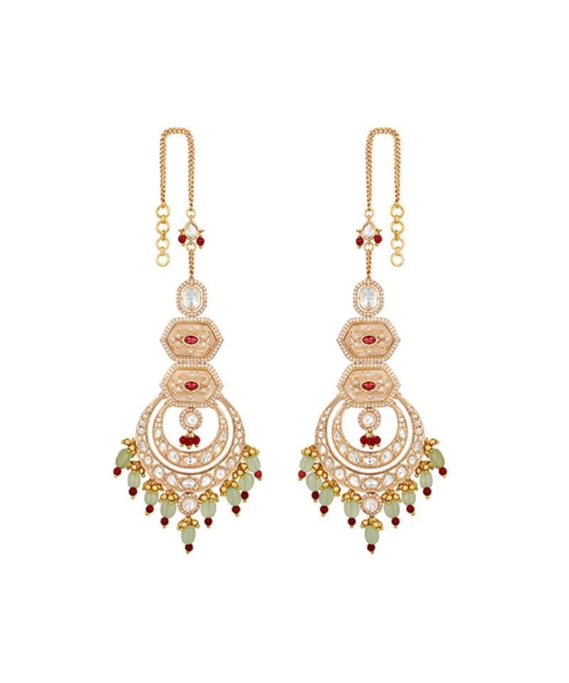Multicolor stones meenakari chandbali earrings with earchains
