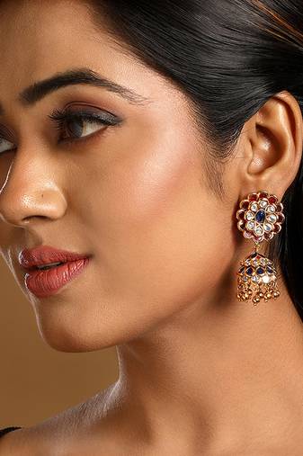 Pink stones kundan polki jhumkas