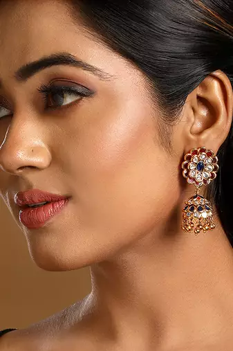 Pink stones kundan polki jhumkas