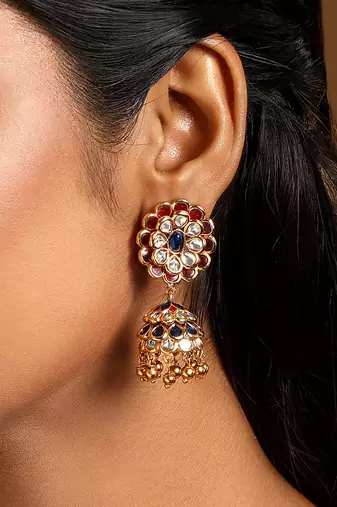 Pink stones kundan polki jhumkas