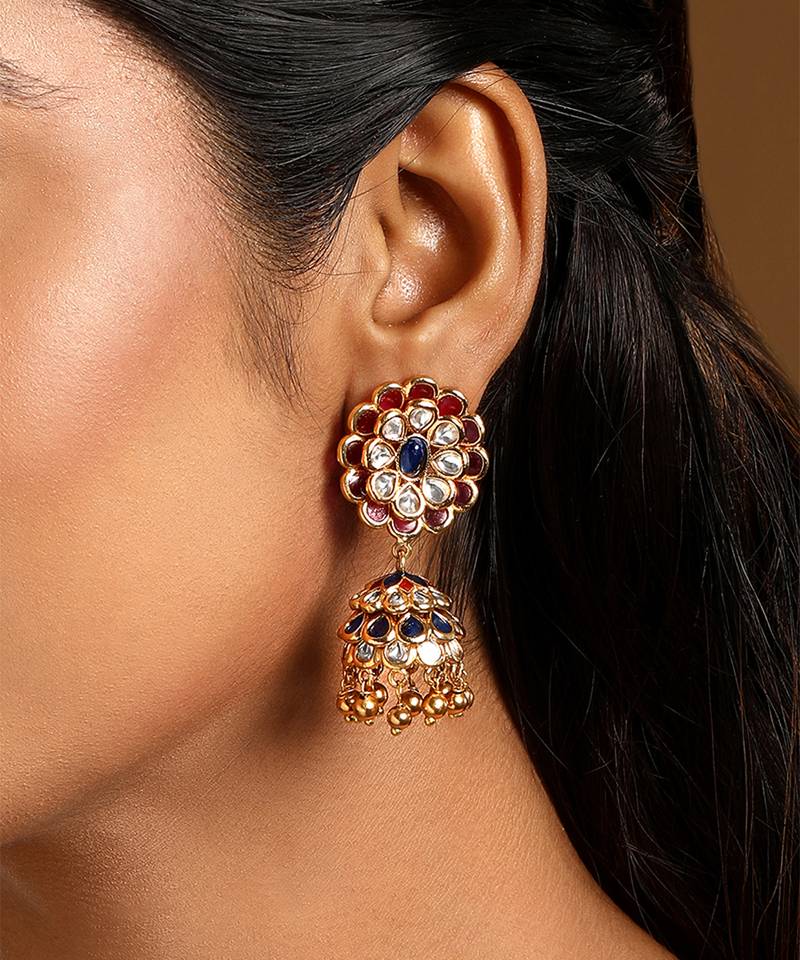 Pink stones kundan polki jhumkas