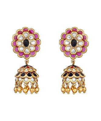Pink stones kundan polki jhumkas 3