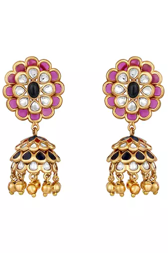 Pink stones kundan polki jhumkas