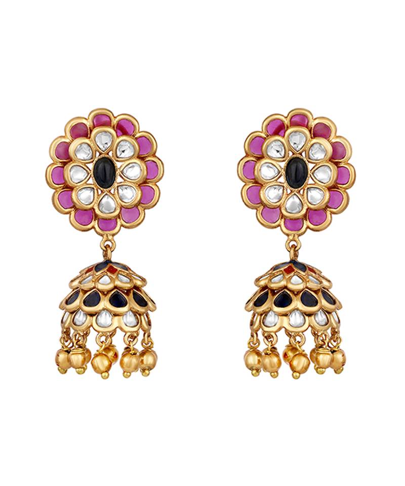 Pink stones kundan polki jhumkas