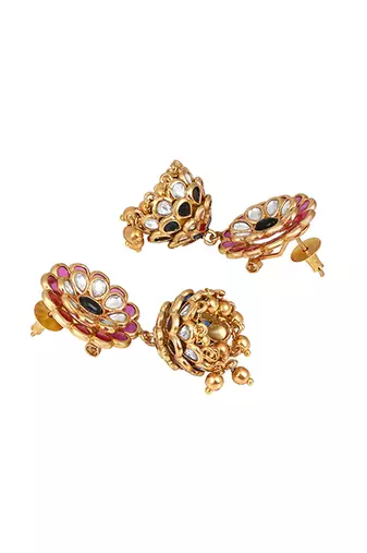 Pink stones kundan polki jhumkas