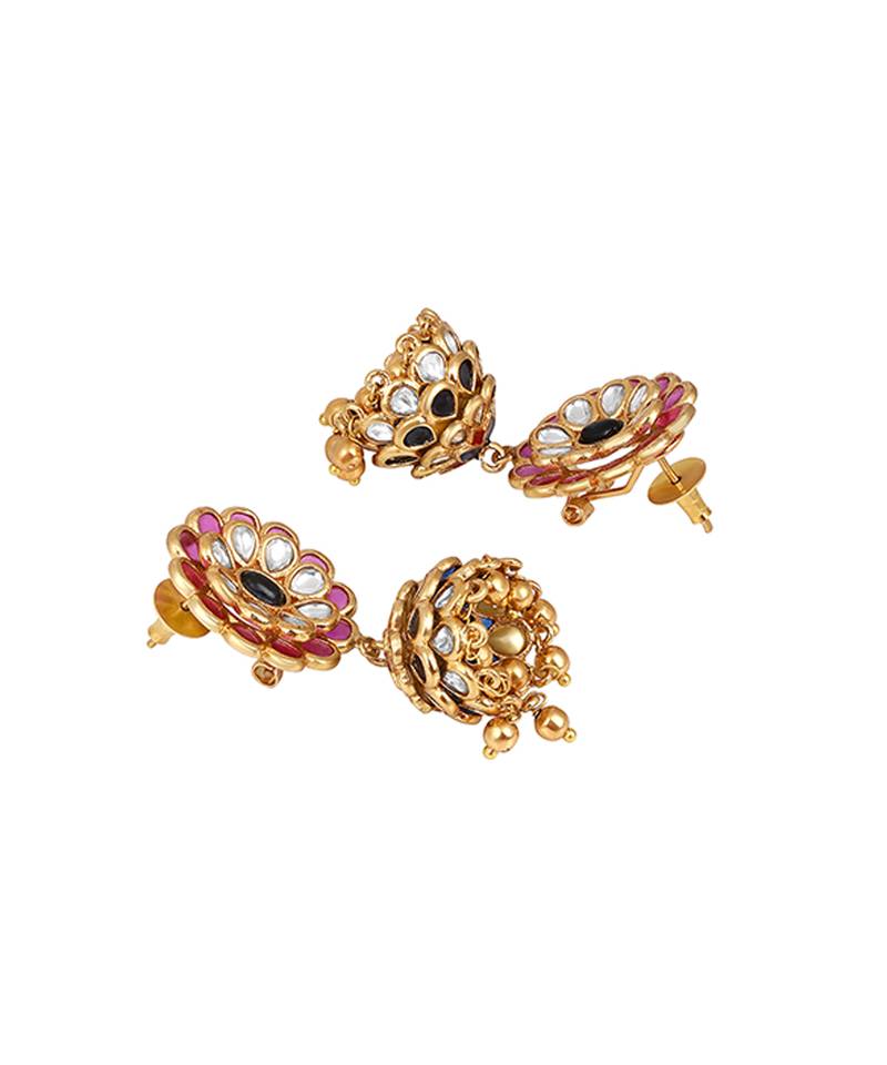 Pink stones kundan polki jhumkas