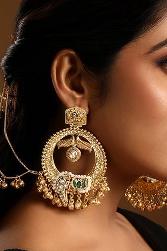Gold plated chandbali hoop earrings with earchains