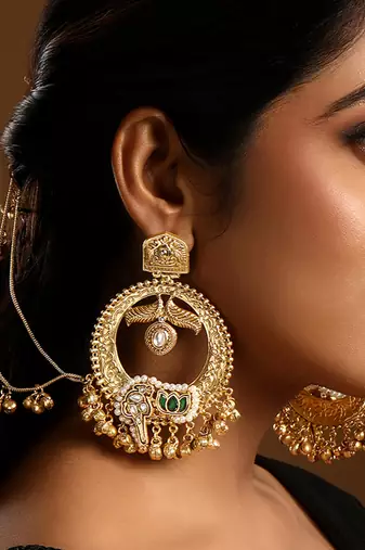 Gold plated chandbali hoop earrings with earchains