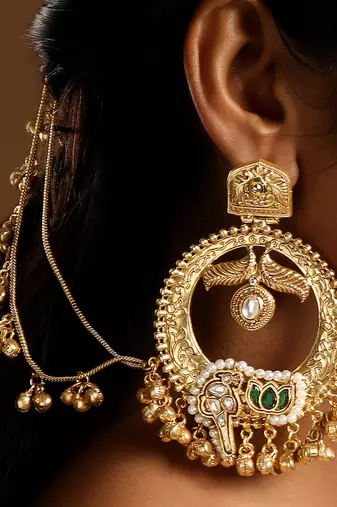 Gold plated chandbali hoop earrings with earchains