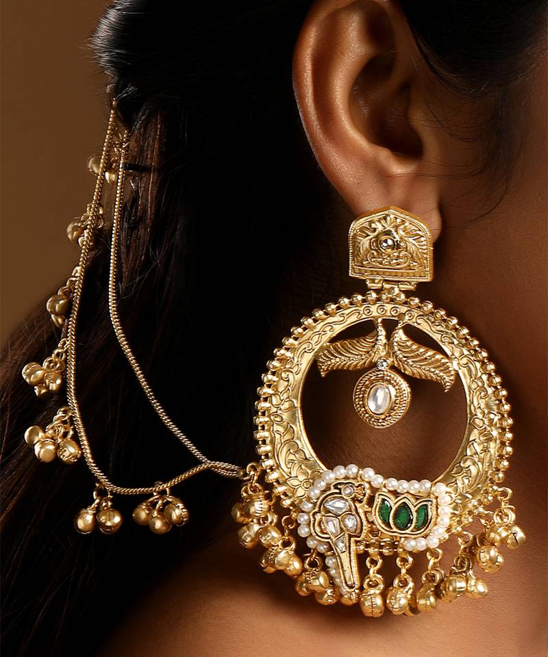Gold plated chandbali hoop earrings with earchains