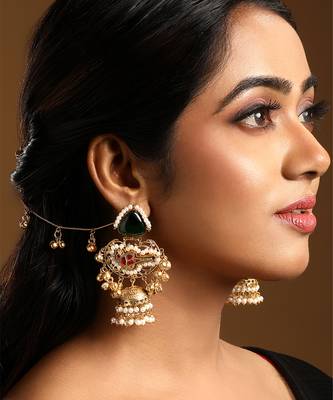 Green stones kundan jhumkas with earchains 1