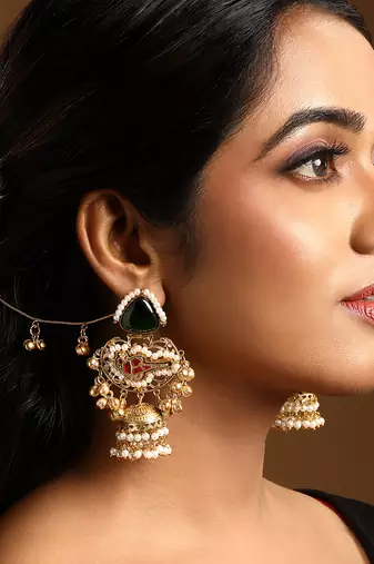 Green stones kundan jhumkas with earchains