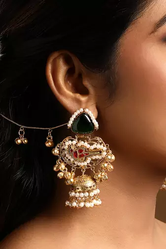 Green stones kundan jhumkas with earchains