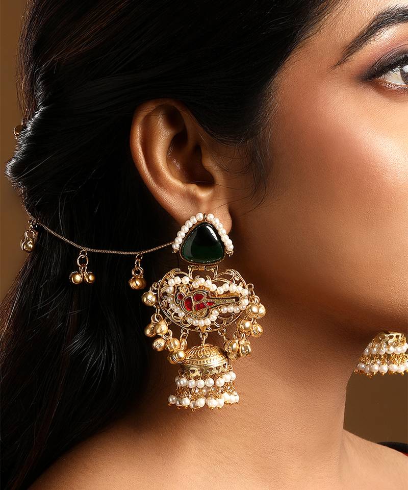 Green stones kundan jhumkas with earchains