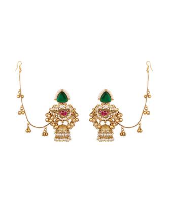 Green stones kundan jhumkas with earchains 3