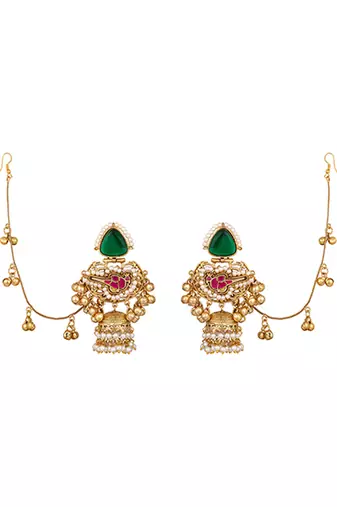 Green stones kundan jhumkas with earchains