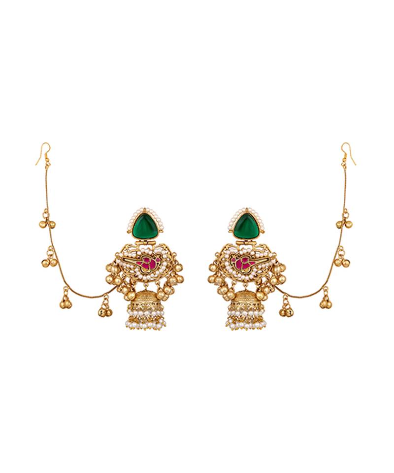 Green stones kundan jhumkas with earchains