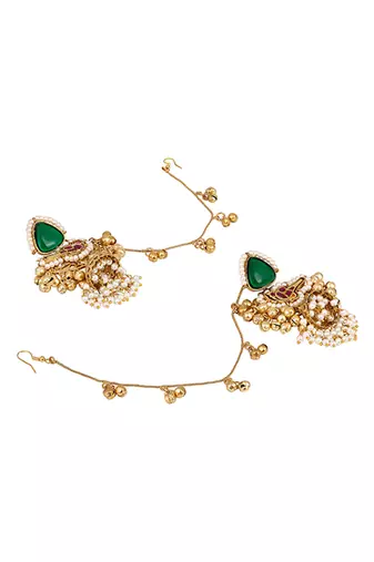 Green stones kundan jhumkas with earchains