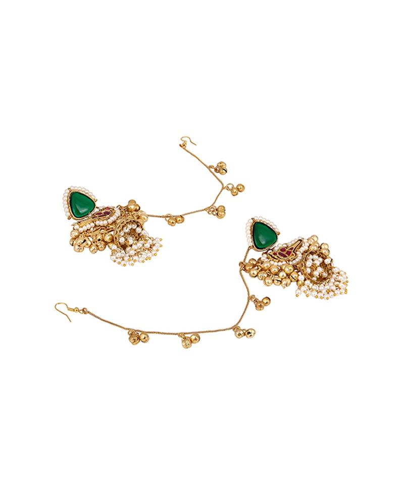 Green stones kundan jhumkas with earchains