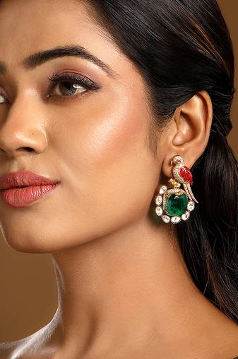 Emerald green stones kundan polki earrings