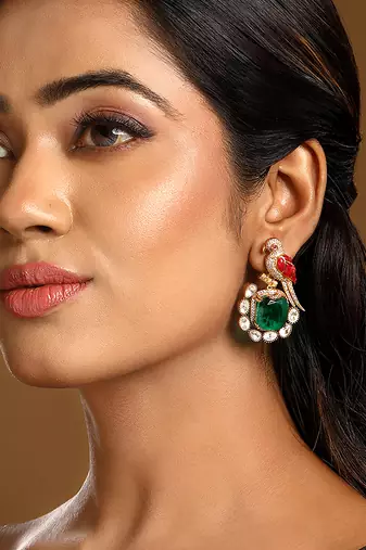 Emerald green stones kundan polki earrings