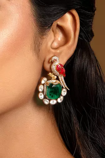 Emerald green stones kundan polki earrings