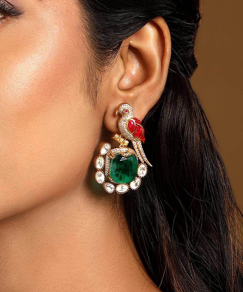 Emerald green stones kundan polki earrings