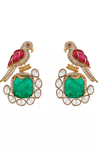 Emerald green stones kundan polki earrings