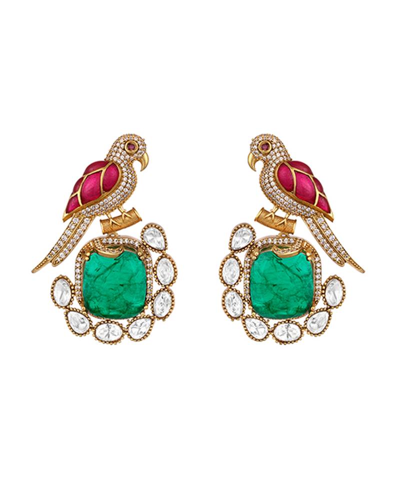 Emerald green stones kundan polki earrings