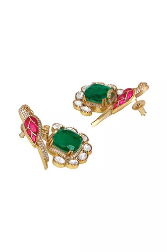 Emerald green stones kundan polki earrings