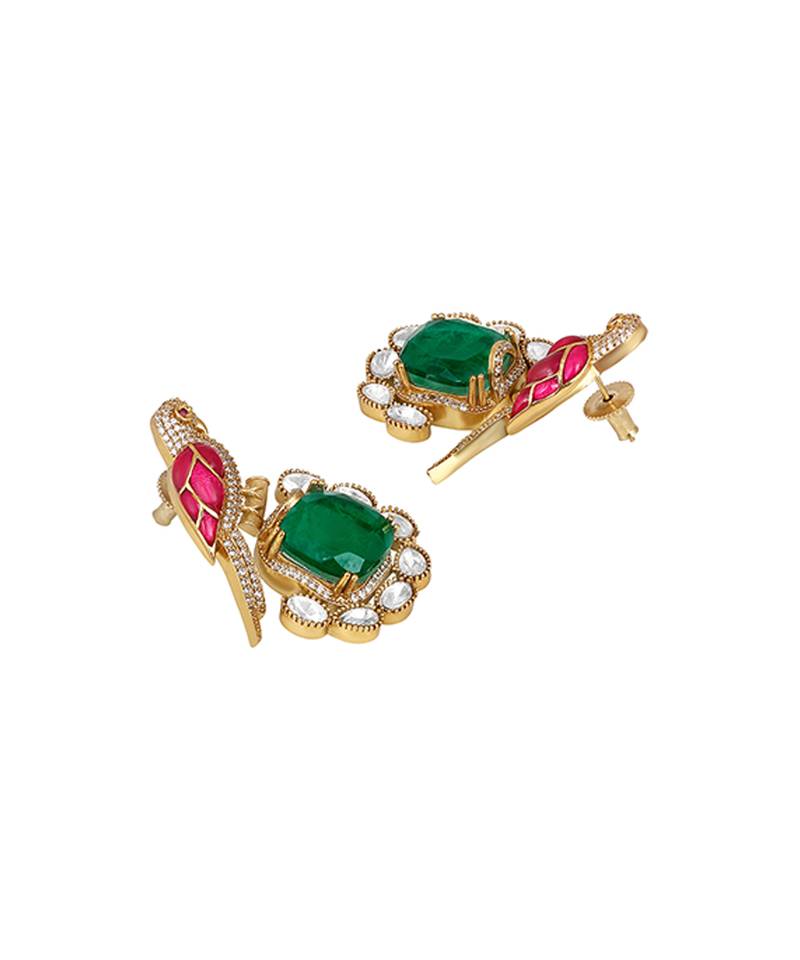 Emerald green stones kundan polki earrings