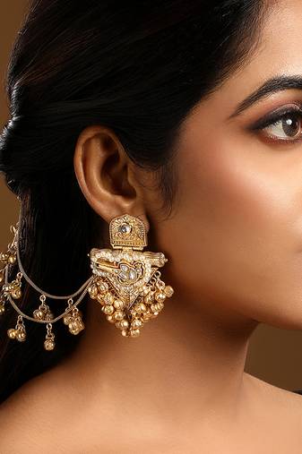 Gold plated kundan polki earrings with earchains