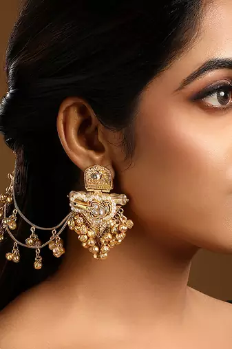 Gold plated kundan polki earrings with earchains
