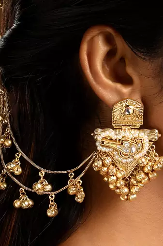 Gold plated kundan polki earrings with earchains