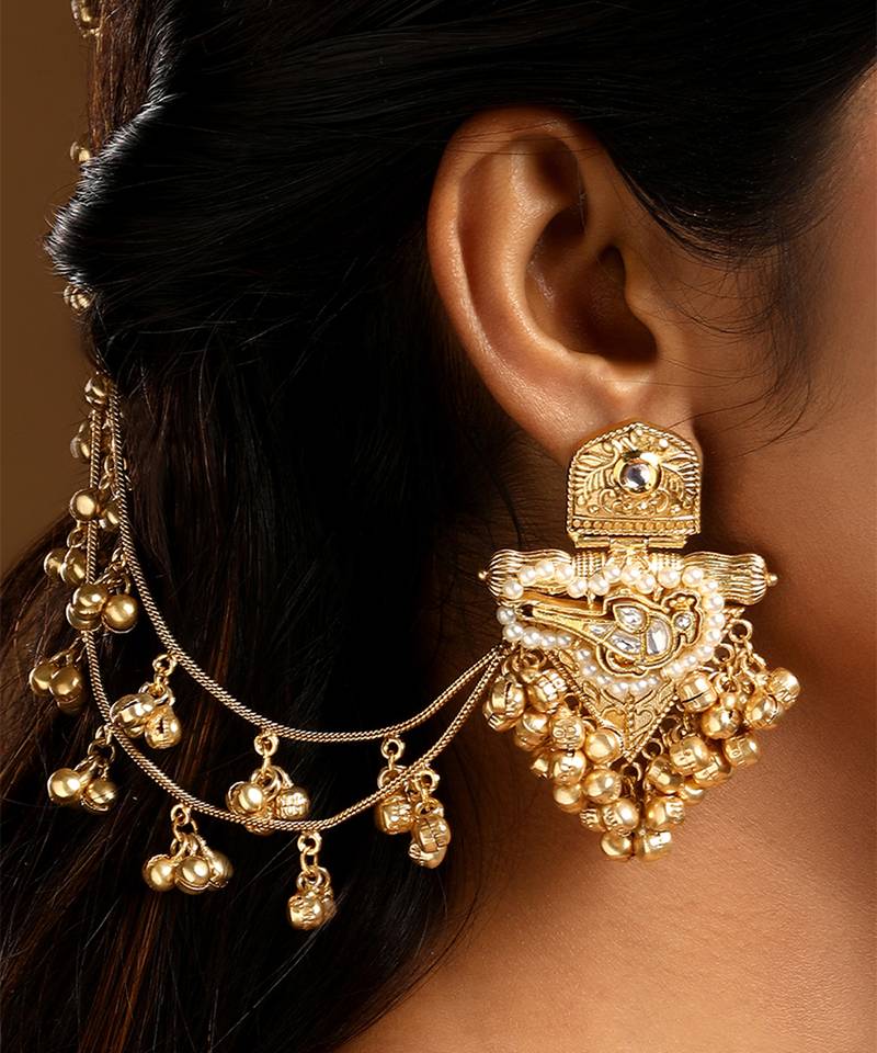 Gold plated kundan polki earrings with earchains