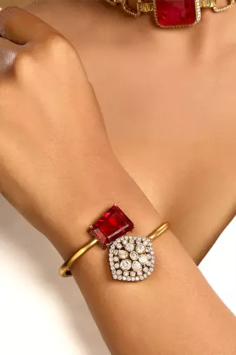 Red stone kundan polki statement cuff bracelet