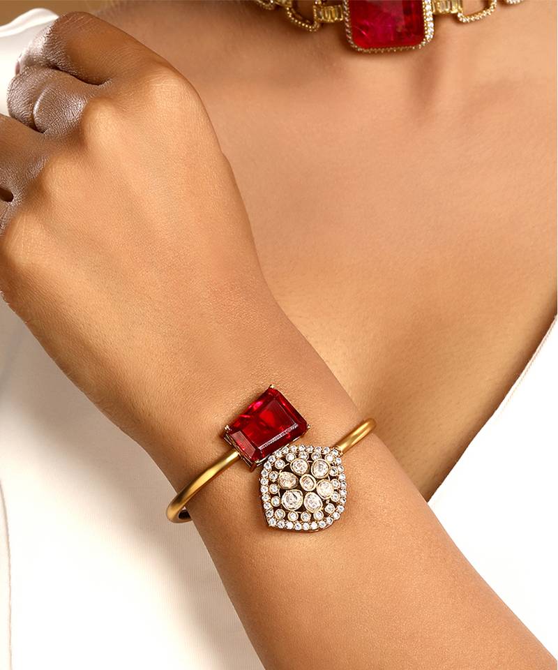 Red stone kundan polki statement cuff bracelet