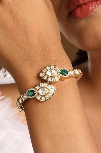 Green stones gold plated kundan polki bracelet
