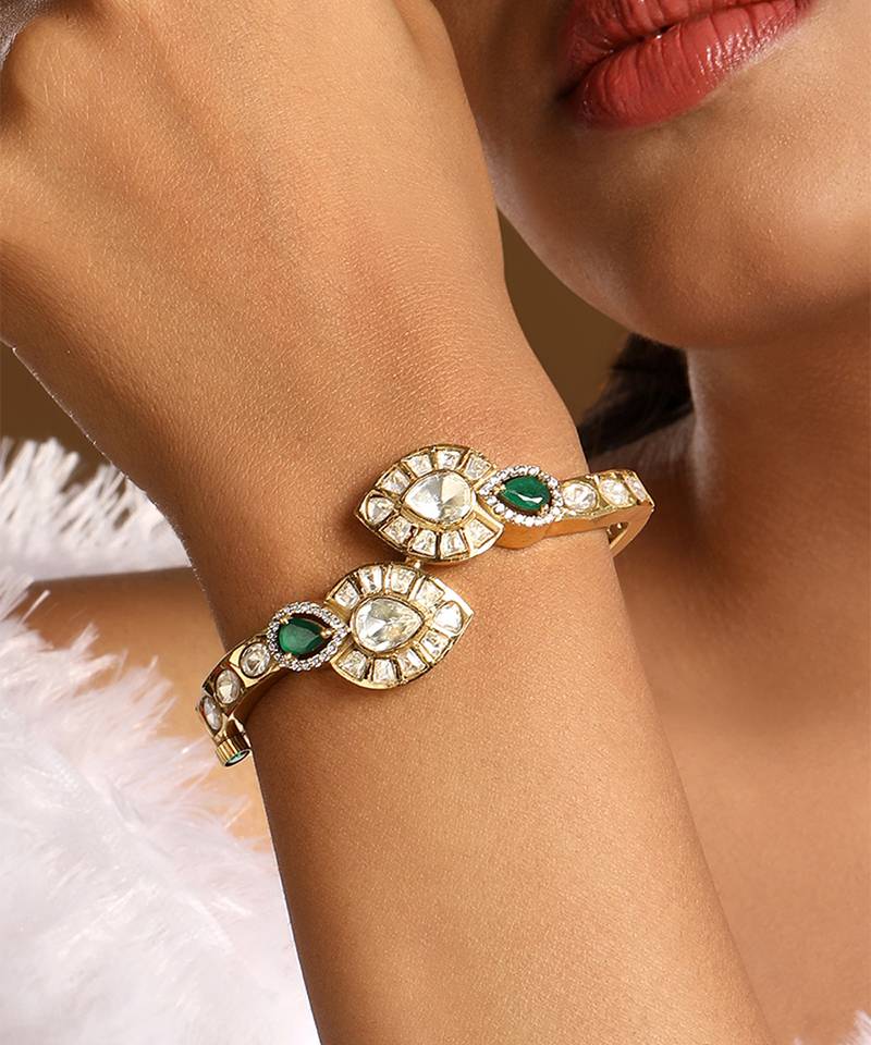 Green stones gold plated kundan polki bracelet