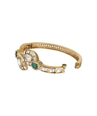 Green stones gold plated kundan polki bracelet 2