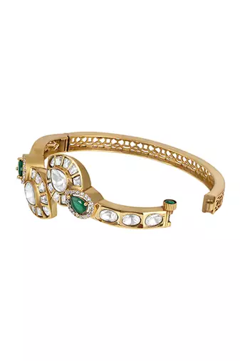 Green stones gold plated kundan polki bracelet